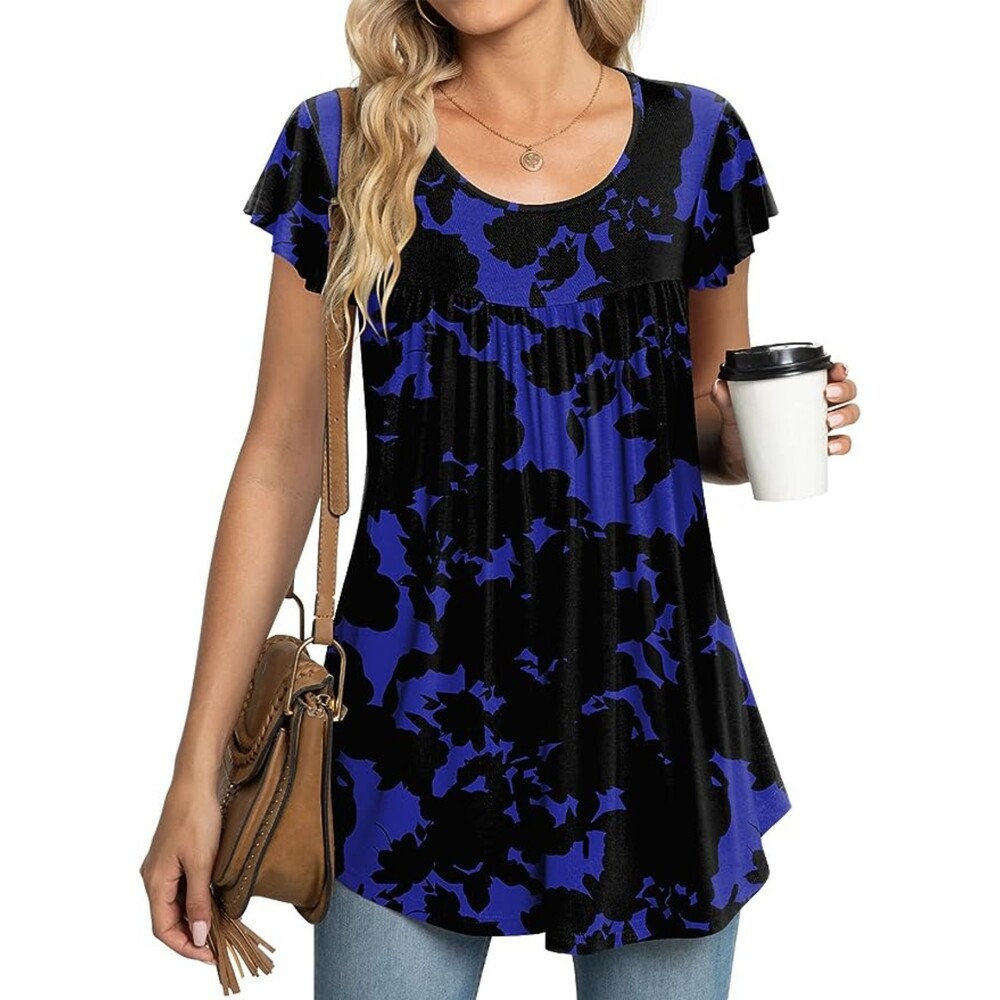 Pleated Flutter Sleeve Blue Flower Tunic Top Sz L